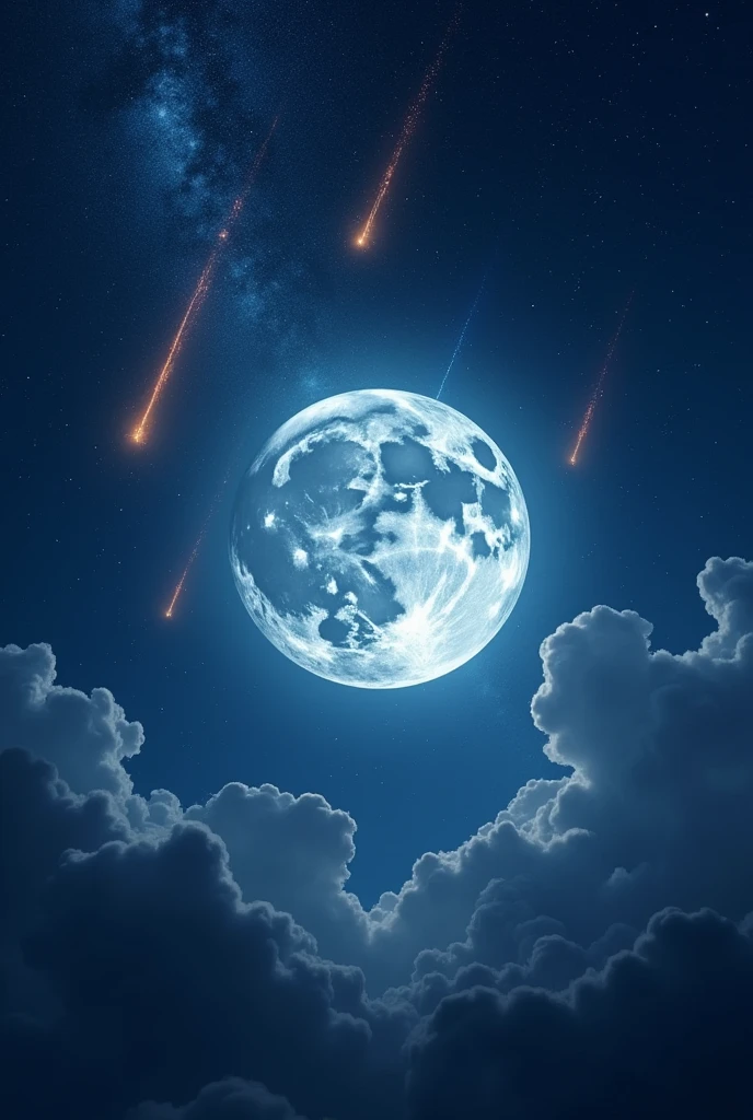 Big moon in a blue night sky with a lot of shooting stars