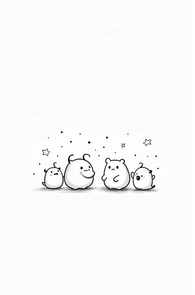Draw cute cartoon characters, no color, no background.