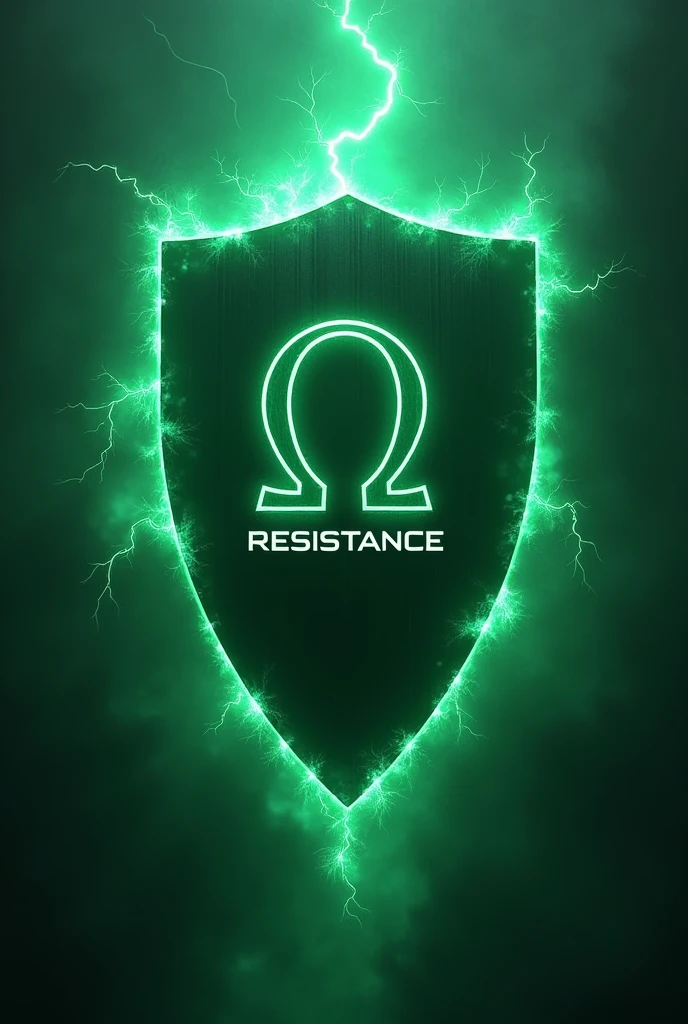 Front view Shield floating in the dark with green omega symbol and green ghostly light and electric current Saying Resistance under the symbol
(that is not round)