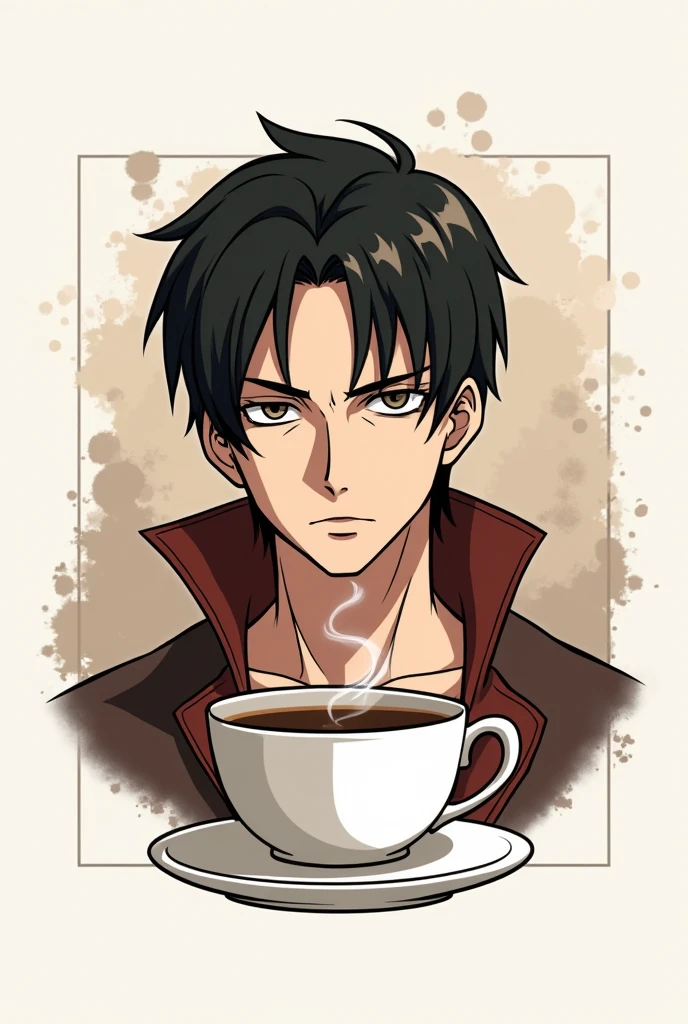 I want a logo for an anime themed cafe, The cafeteria is called "COFFANIME" and I want Levi Ackerman and a cup of coffee to appear