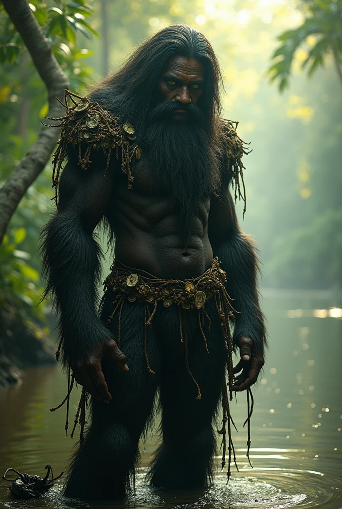 Colombian mythological character called Mohan , Tall Man ,covered in hair all over the body but attractive ,smoke tobacco,and spends time on the islets of the rivers,Her eyes are green , has a fishing net armor ,hooks , began,and oysters