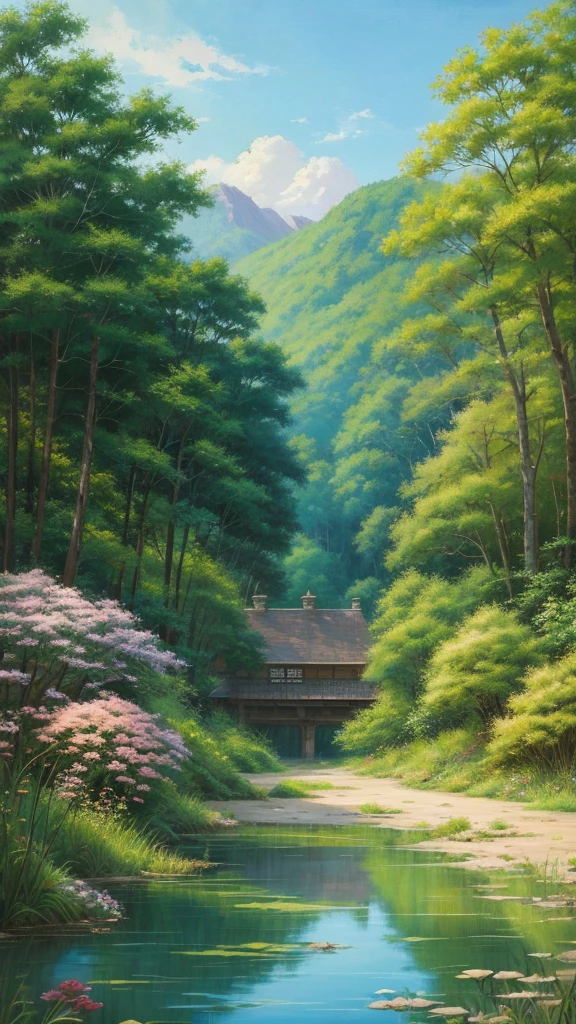 Realistic, Genuine, Beautiful and amazing landscape oil painting Studio Ghibli Hayao Miyazaki'Petal meadow with blue sky and white clouds
