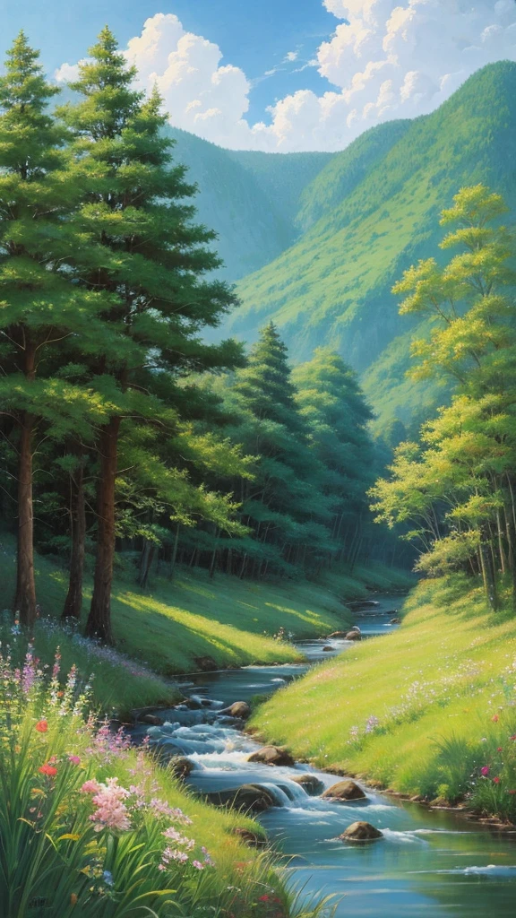 Realistic, Genuine, Beautiful and amazing landscape oil painting Studio Ghibli Hayao Miyazaki&#39;Petal meadow with blue sky and white clouds