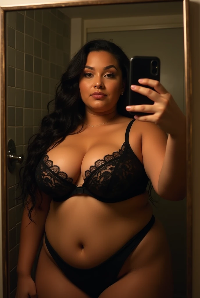 Chubby sexy wearing black lace bra taking a selfie in the bathroom photography