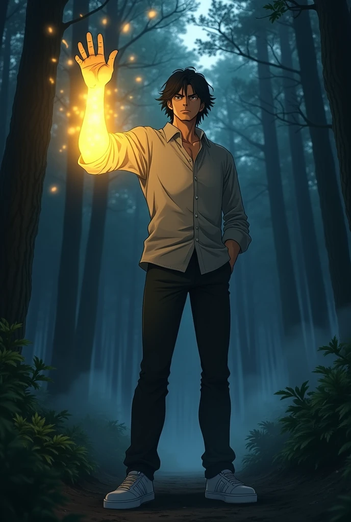 The image is anime style with shadows and dim lights, anime style although somewhat adult and dark, It shows a single adult man of 2 who has black eyes and medium-long black hair as well., wears white sneakers. with his left arm raised forward glowing yellow, as if it were regenerating. The background of the image is a forest. 