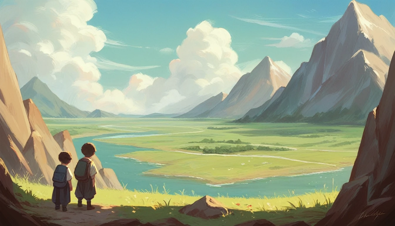 Landscape painting。The world of a child's dreams、Flying heroes and heroines、Emerging from a swirling black hole、Red in an orange space、green、Lots of blue shooting stars。