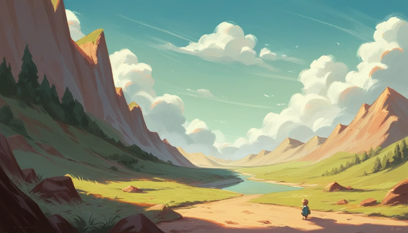Landscape painting。The world of a child&#39;s dreams、Flying heroes and heroines、Emerging from a swirling black hole、Red in an orange space、green、Lots of blue shooting stars。