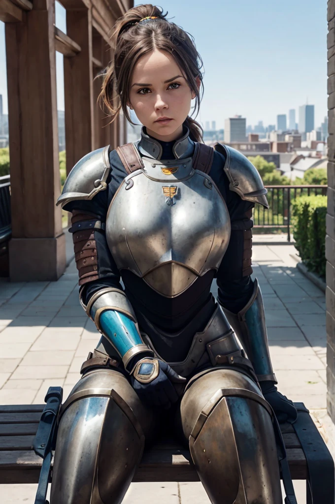 brig,  brown hair,  ponytail, armor, power armor, looking at viewer, serious, sitting, on bench, outside, city, blue sky, high quality, masterpiece,  