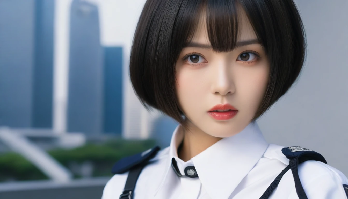 8k, Ultra-high resolution, Highest quality, masterpiece, 三分割法によるphotograph,Surreal, photograph, 1 , (:1.3), cute, cute顔, 細部までBeautiful Eyes, 細かくdetailedに,masterpiece,One Girl:1.2,Japanese women,Policewoman,close up,glaring,Black short hair,Bowl cut,ID photo,(Police officer of the future:1.3),cyber punk,Future City,white collar,((Fusion of humans and androids))(Beautiful attention to detail),Subtle details, detailedな顔,anger,Attractive eyes,(ポートレートphotograph:1.4),(Photorealistic images:1.4),Fantasy art,(Beautiful Face:1.4),美しくAttractive eyes、Beautiful Eyes,Silver residue,(Tight waist:1.4)、(Beautiful with perfect body proportions:1.4),Pink Lips,profile,(((Ideal body type))),A-cup small breasts :2,、Portraiture:2、Perfect Anatomy、鮮明なdetailed、detailed,Fashion magazine cover,Thin lips,完璧でBeautiful Face ,完璧でcute顔, Skin with attention to detail, Perfect limbs、Narrow waist,Surreal,Light and shadow,spotlight