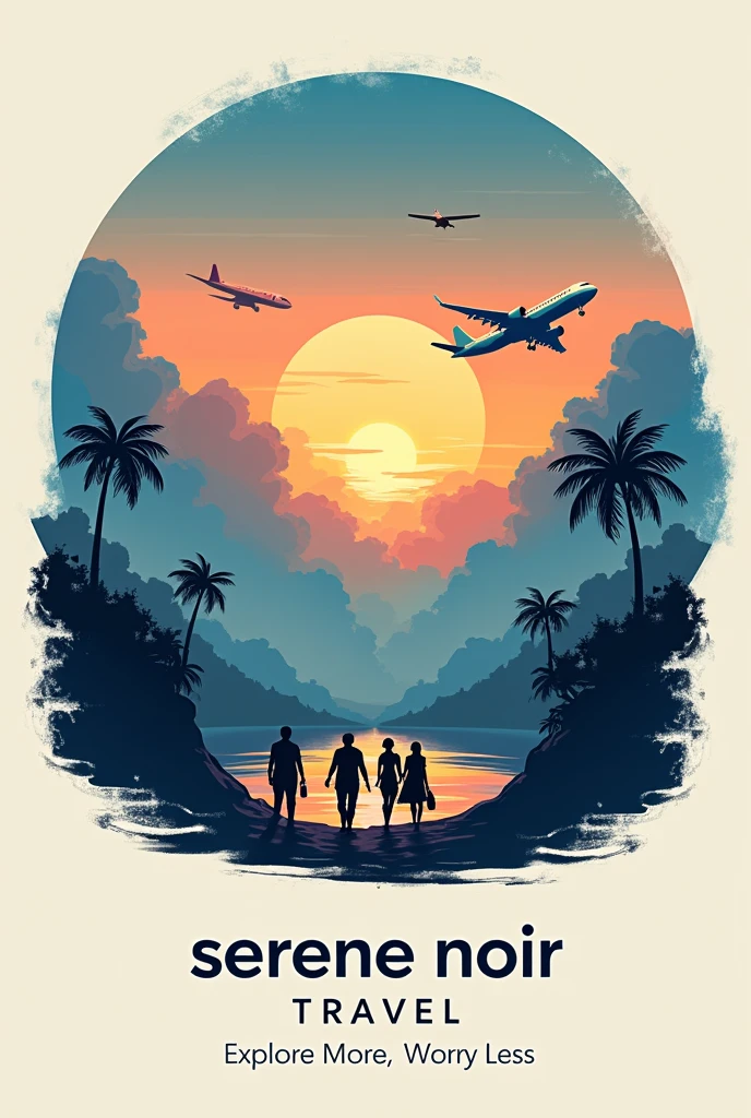 make me a simple logo circle of a Serene Noir Travel with a vibe of relaxing vacations, inspired by hotel de luna and on piece, colorful, bus, airplane, cruise ship, clouds, tour guides, travelers, and the name of travel agency is "SERENE NOIR TRAVEL" and it's slogan "explore more, worry less'' 