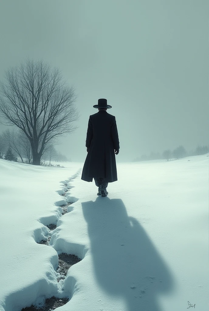 I want a cover for the novel with a rear perspective that includes the shadow of a man wearing a hat and a long coat walking in the snow, and in the background there is the shadow of a single bare tree, and I want the entire background to be snowy with the man's footprints in the snow.