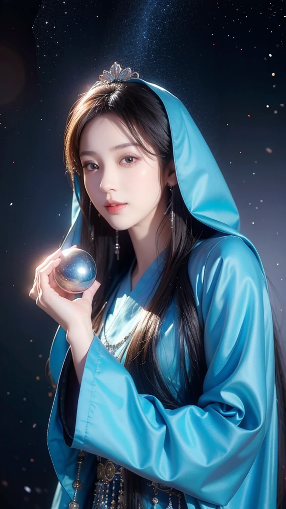 ((facing front:1.5)),Female fortune teller. Attractive, beautiful and mysterious. She wears a blue cloak and has distinct features. The atmosphere is bright and sparkling, full of anxiety and anticipation. A fortune teller is standing there. The body is facing forward. he is looking at you He holds a crystal ball in his right hand. The lighting in the room is bright, creating a magical atmosphere. Best picture quality, 4k or 8k resolution. The level of detail is very detailed and realistic, close to photorealism. Artistic style should reflect an official aesthetic with bright colors and strong contrasts. The color palette should emphasize the mystical and mystical theme of the work. The fortune teller's cloak is decorated with metal edging with a thickness ratio of 1.5 and intricate designs. The overall atmosphere is magical, like a starry sky. The expression on the fortune teller's face should arouse mystical interest.
