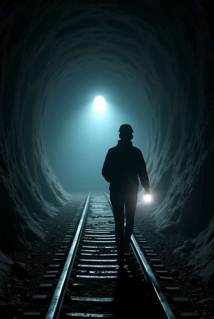 Underground mine first person view holding a white light flashlight following a straight line with tracks on the ground