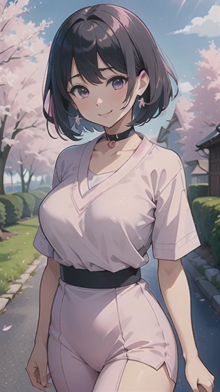 (of the highest quality, 4k, 8k, High resolution, masterpiece:1.2), Very detailed, picturesque, Anime style photo, animated photo:1.37)、Japanese、(Pink pixie cut)、Mischievous smile、White shirt、Black choker、whole body、 under the chest、Tuck the hem of the shirt inside, under the chest、ichika nakano