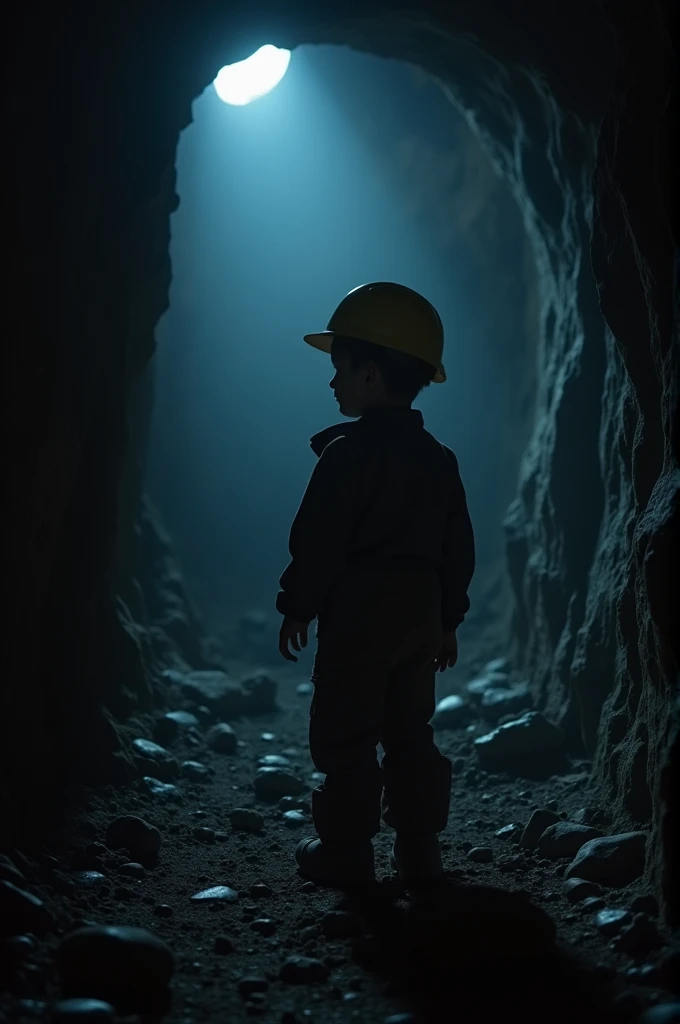 A child miner, He is in a dark room and alone