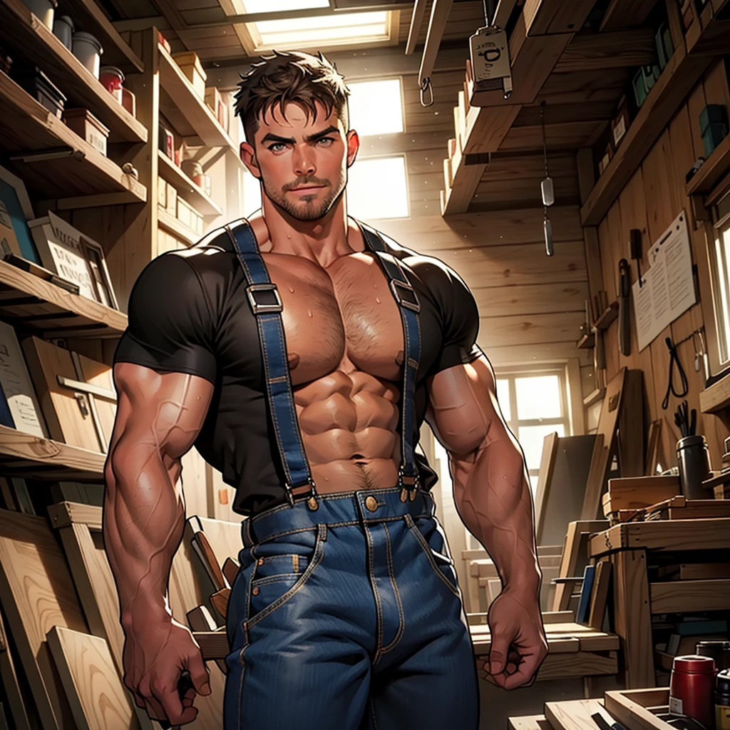 masterpiece, best quality, face, natural eyes, 1man, macho man,, muscled and mature, stephen amell as a carpenter wearing totally unbuttoned overall, sweating, tight cloth showing his muscles and bulge , full body , background wood workshop , woodwork of chairs , tools , wood parts , volumetric dynamic bright light .....
