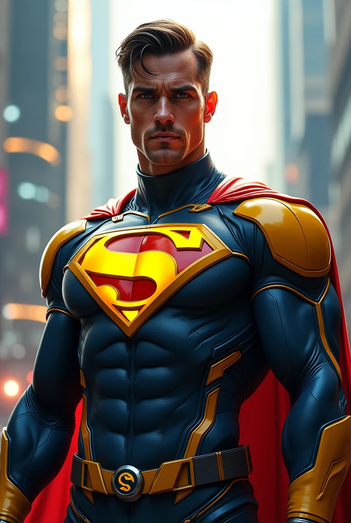 Design a superhero character in the style of Superman, embodying strength, confidence, and a modern aesthetic. The character should wear a suit with a vibrant color combination of yellow, blue, and red. Incorporate the BSC, TRX, and TON logos prominently on the chest, seamlessly integrated into the design, with each logo clearly visible and balanced in the overall look. The suit should be sleek, with dynamic lines and a polished finish, reflecting the heroic and powerful essence of the character