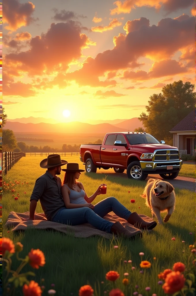 Me and my girlfriend and a dog living on a florist house with big field and sunset sky laying on.a flor with boots and cowboy hats and a truck dodge ram parked on the side and a dog playing with a ball