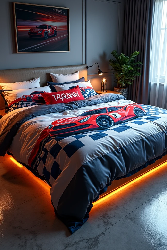 An example of a jumbo size mattress that uses a bed sheet and bedcover with a racing car motif plus decorative lights under the mattress