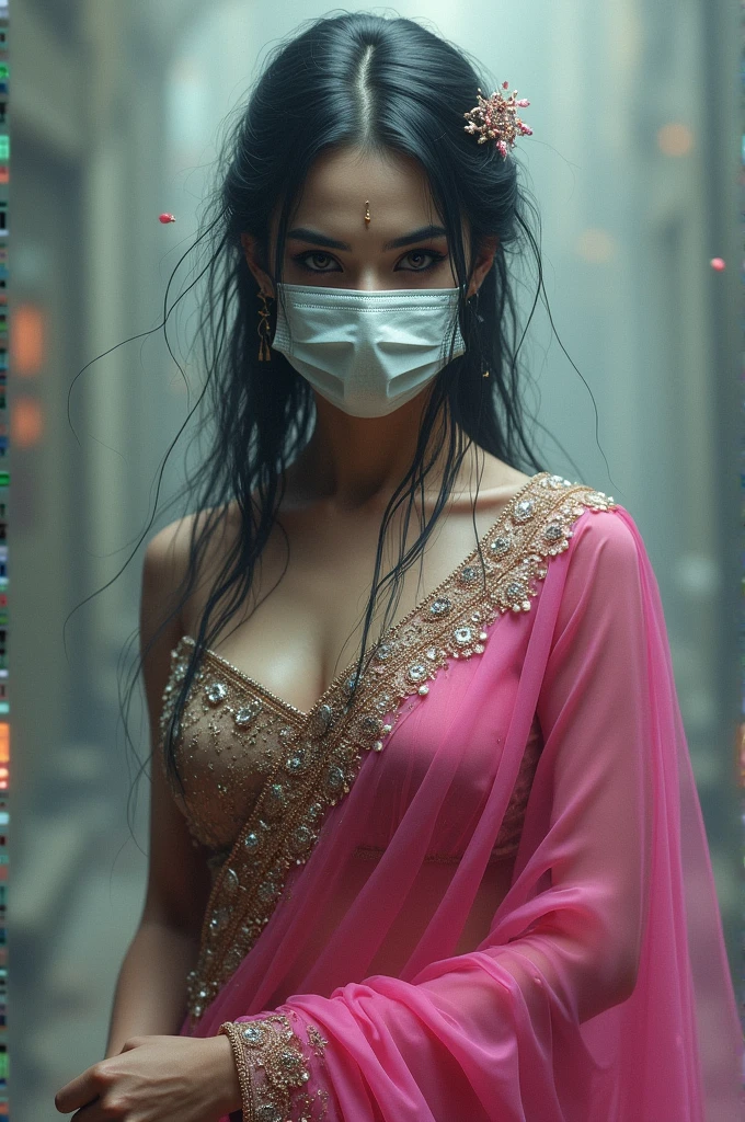 Kuchisake onna with a surgical mask on her mouth to hide her mark and she is wearing a cute pink lehenga