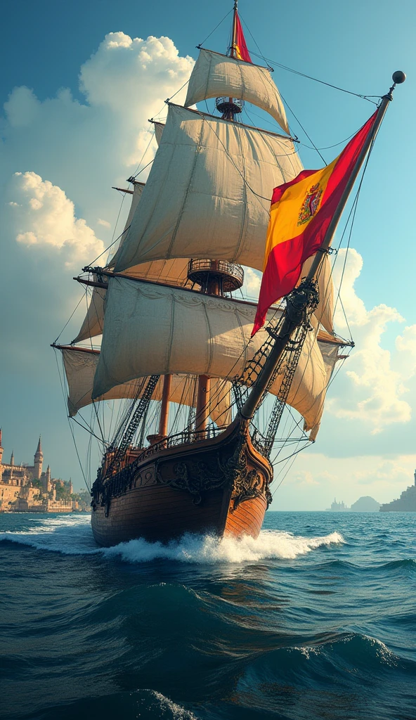 Showcase a galleon ship sailing towards the New World, with the Spanish flag waving. The background can include a blend of colonial cities in the Americas and the Spanish royal crown.