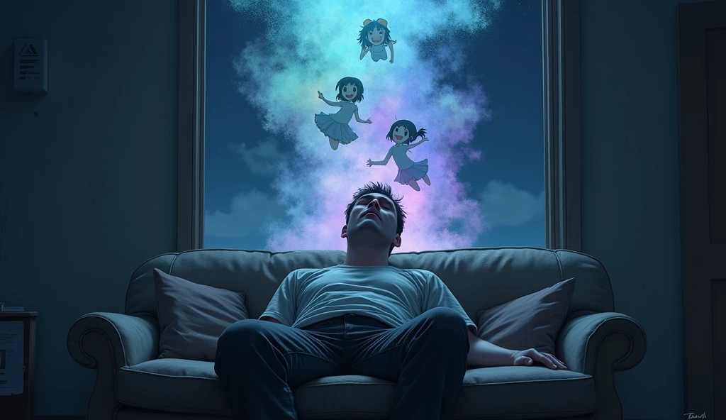 A tired-looking man lies on a sofa in a dark room，With eyes closed，Wearing worn-out clothes，In his imaginary world，There was a bright mist above his head，In the fog，Anime girls smiling happily。