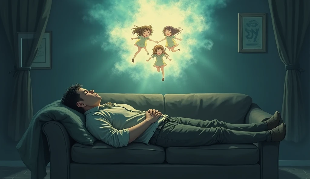 A tired-looking man lies on a sofa in a dark room,With eyes closed,Wearing worn-out clothes,In his imaginary world,There was a bright mist above his head,In the fog,Anime girls smiling happily。