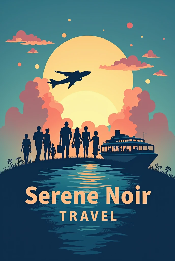 make me a simple logo circle of a Serene Noir Travel with a vibe of relaxing vacations, inspired by hotel de luna and on piece, colorful, bus, airplane, cruise ship, clouds, tour guides, travelers, and the name of travel agency is "SERENE NOIR TRAVEL" and it's slogan "explore more, worry less'' 