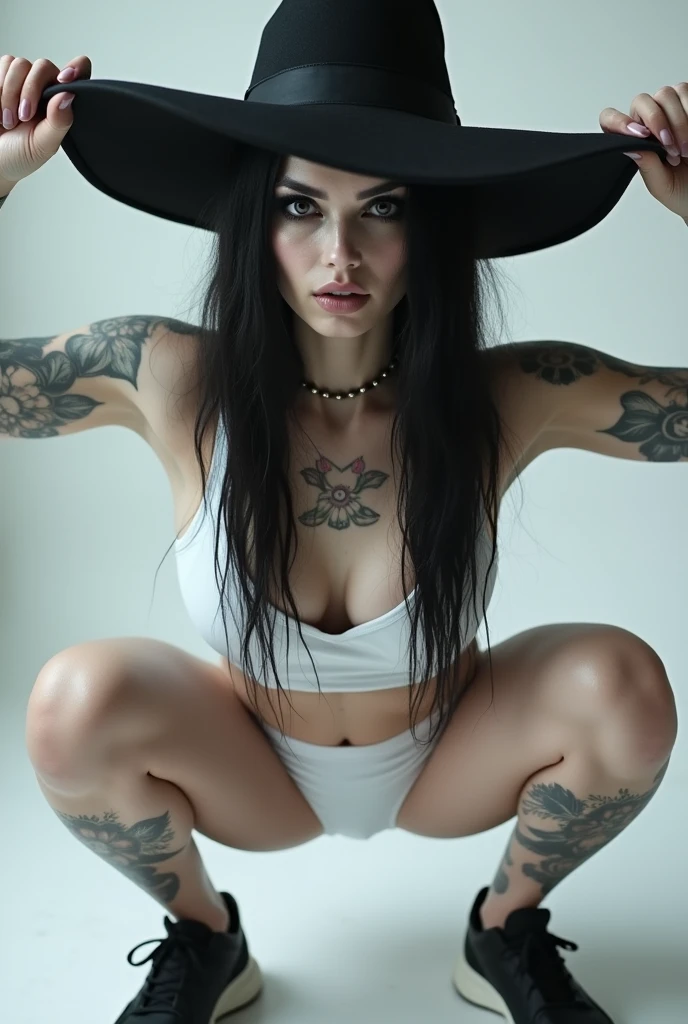 Beautiful fitness woman, with witch hat, with tattoos, very pale white skin, very black hair, black eyeliner, in the gym with white sports underwear, sweaty, flabby belly, big thighs, perfect breasts, doing squats with weights