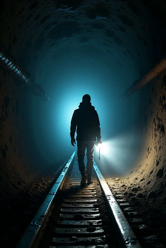 Underground mine first person view holding a white light flashlight following a straight line with tracks on the ground