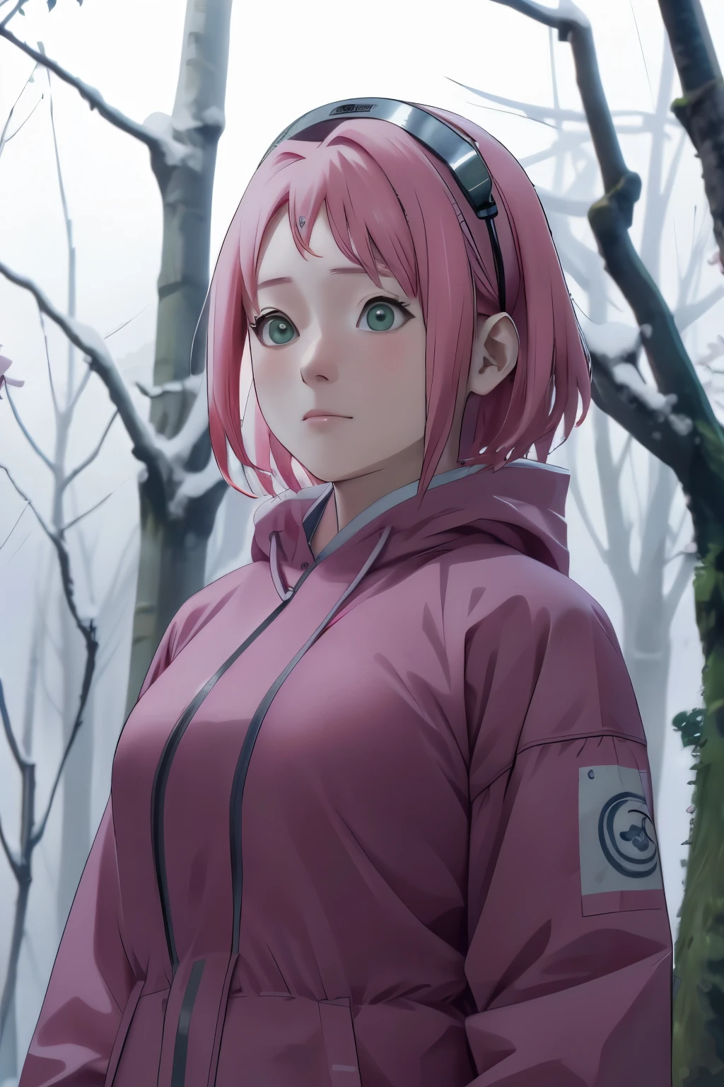 Sakura NS、8k、masterpiece、Best image quality、Very detailed、Perfect body、Large Breasts、Skin glows、Parka〜、Real、scenery、Cloudy、in the forest、Ultra Close-Up、Photographed from the front、Wide-angle lens、Close-up of face