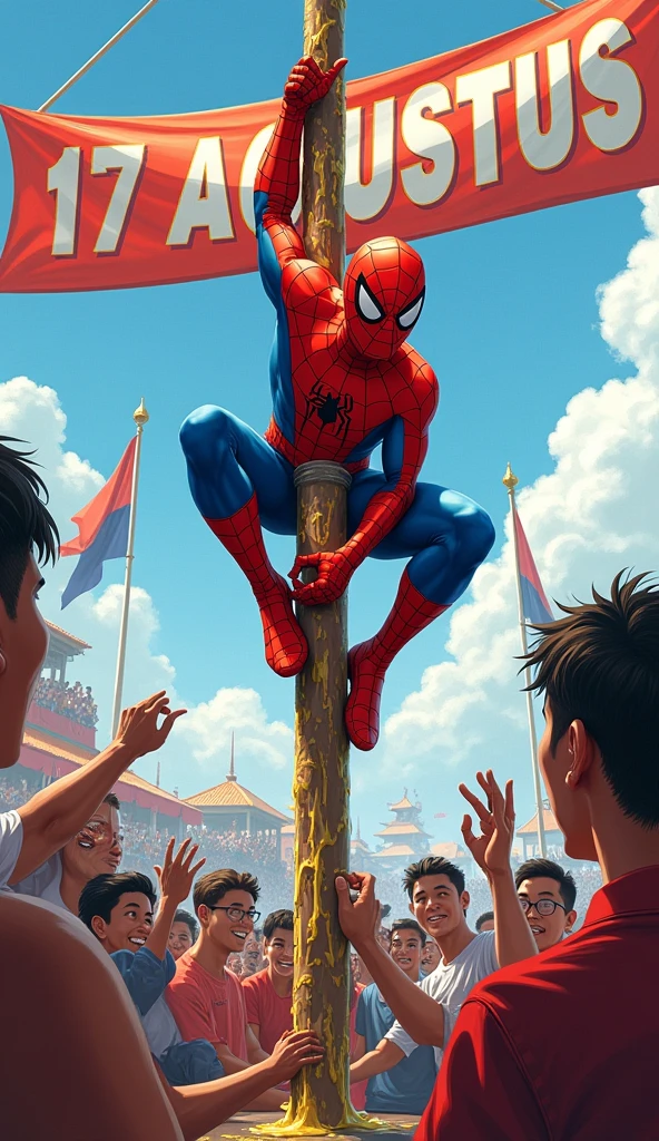 A highly realistic and comical scene featuring Spiderman participating in a traditional Indonesian 'panjat pinang' climbing competition during a 17th of August celebration. Spiderman, in his iconic red and blue suit, is seen struggling with all his might to climb a tall, grease-covered pole, his hands and feet slipping as he desperately tries to make progress. His exaggerated, determined expression and awkward movements make the scene hilariously funny. Around the base of the pole, a lively crowd of people is gathered, cheering and encouraging Spiderman, with some laughing at his comical efforts. A large banner with the text '17 Agustus' hangs prominently in the background, emphasizing the festive occasion. The scene is full of energy and humor, capturing the joy and laughter of the moment as Spiderman takes on this traditional challenge, a bright and colorful, fix fingers