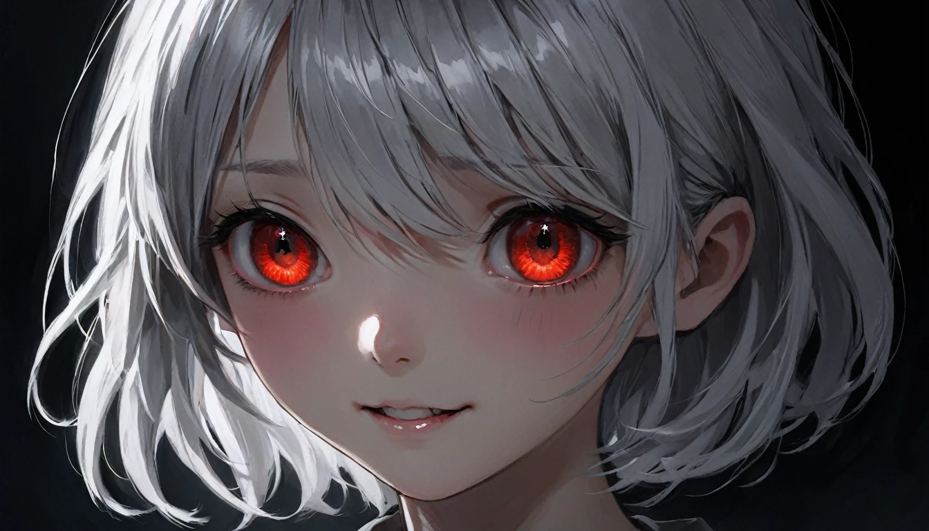 Generate an image of an unsettling scene in a pitch-black room, showing a silver-haired girl from the waist up. Her glowing red eyes, with dilated pupils, are the only things piercing through the darkness. Her head is tilted slightly to one side, and her mouth is slightly open, forming a thin, creepy smile. The eerie expression on her face conveys a sense of twisted anticipation as she waits in the dark for her target to return. Only her eyes and part of her face are visible, floating in the void, while her silver hair subtly contrasts with the surrounding blackness.