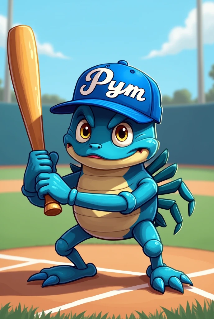 Blue crab in cartoon style with baseball bat in batting stance with blue cap that says PyM on the front.