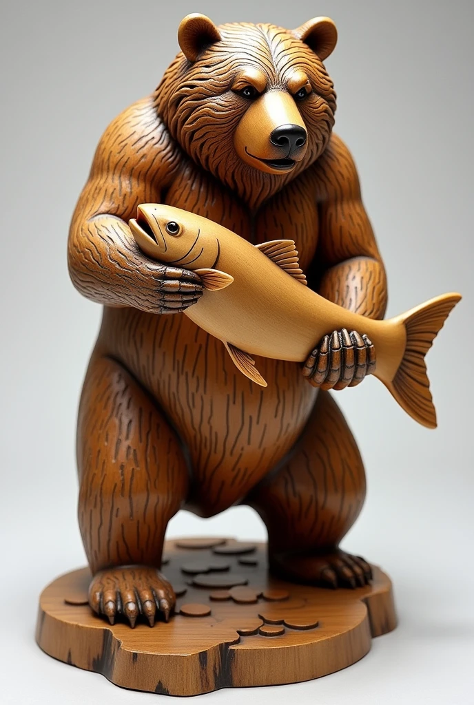 Sculpture of a bear holding a salmon, Wood Carving, Japan sculpture