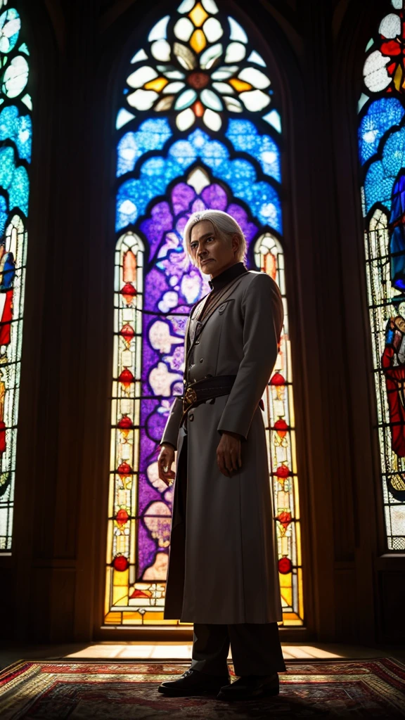 Al-Haytham (Genshin Impact), 1 male, (alone:1.4), Grey Hair, Standing in front of the stained glass, Dramatic sunset lighting