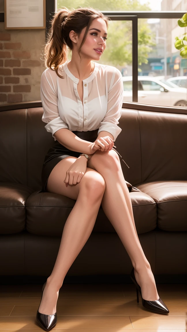 A seductive photo of a woman,, sheer white blouse, extremely short light grey skirt, dark brown  hair in ponytail, skin texture, digital painting, illustration, (masterpiece, best quality:1.2), high details, contrasting lighting, (sitting in coffee shop with legs slightly apart) full body view, crowded coffee shop, big smile