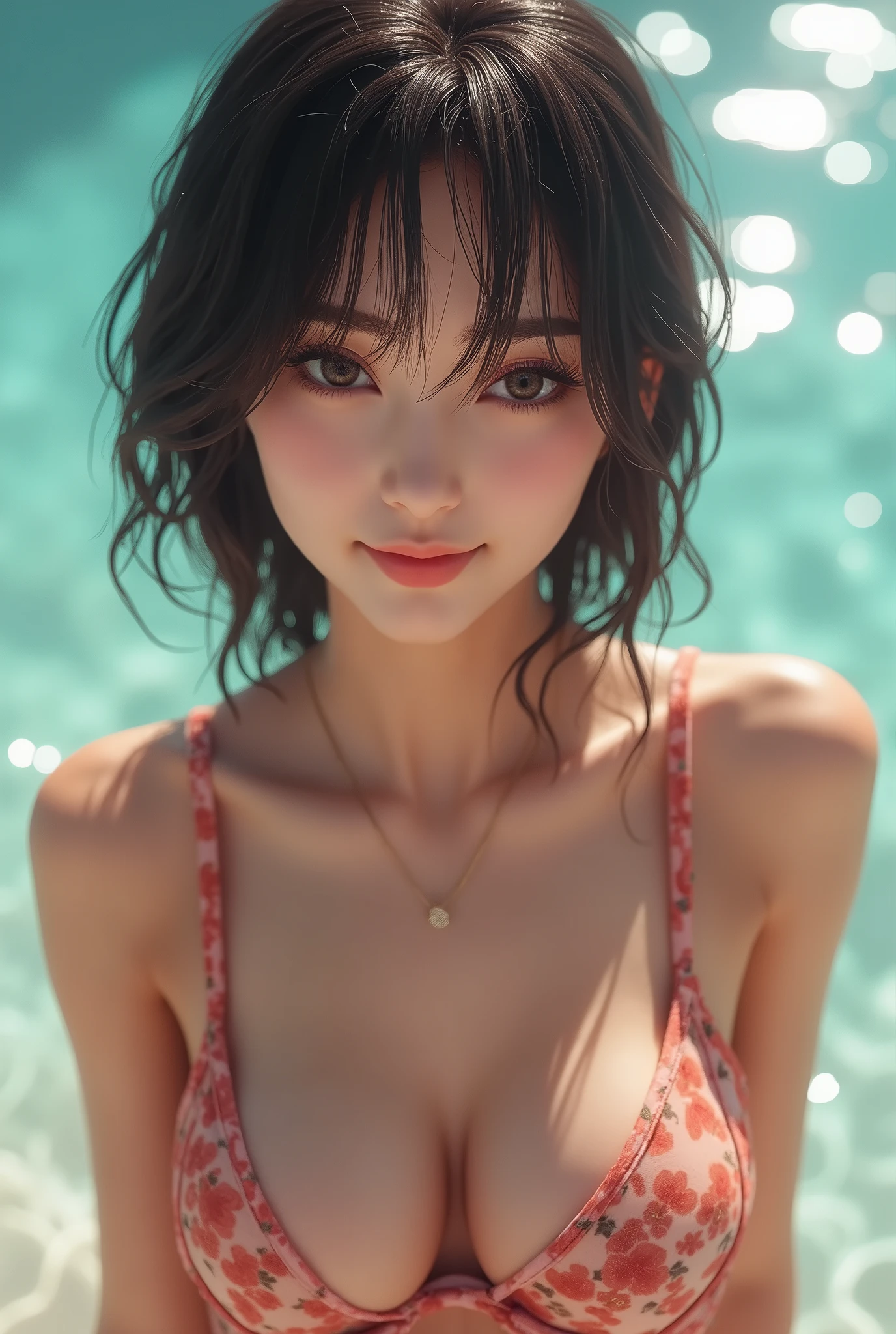 A very beautiful girl happily bathes beside a cool waterfall,Pink skin,blue eyes,Dark hair,Delicate face,Meticulous body,Realistic Model,Highly detailed natural scenery,CGI 8k resolution