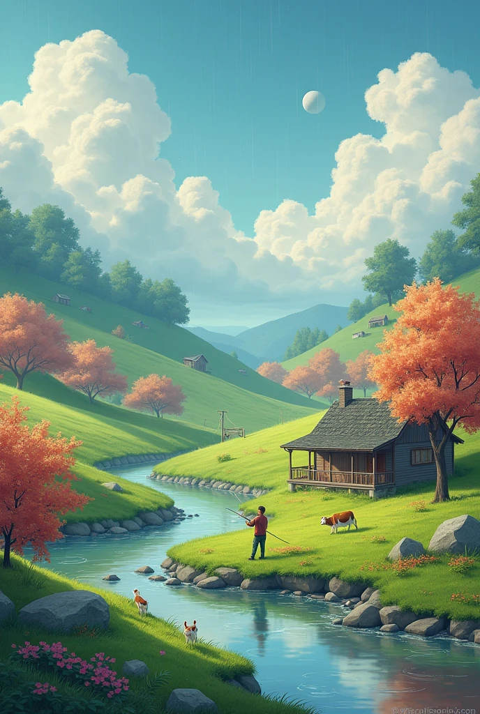 Beautiful green grassy hills Rose-colored trees nearby A house made of wood Nearby a beautiful flowing river A man fishing on the bank of the river There are rain showers in the sky Seeing the moon A cow eating grass Very beautiful nature
