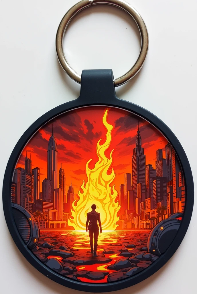 create art for rubber keychain with fire in the city of Piuma ES