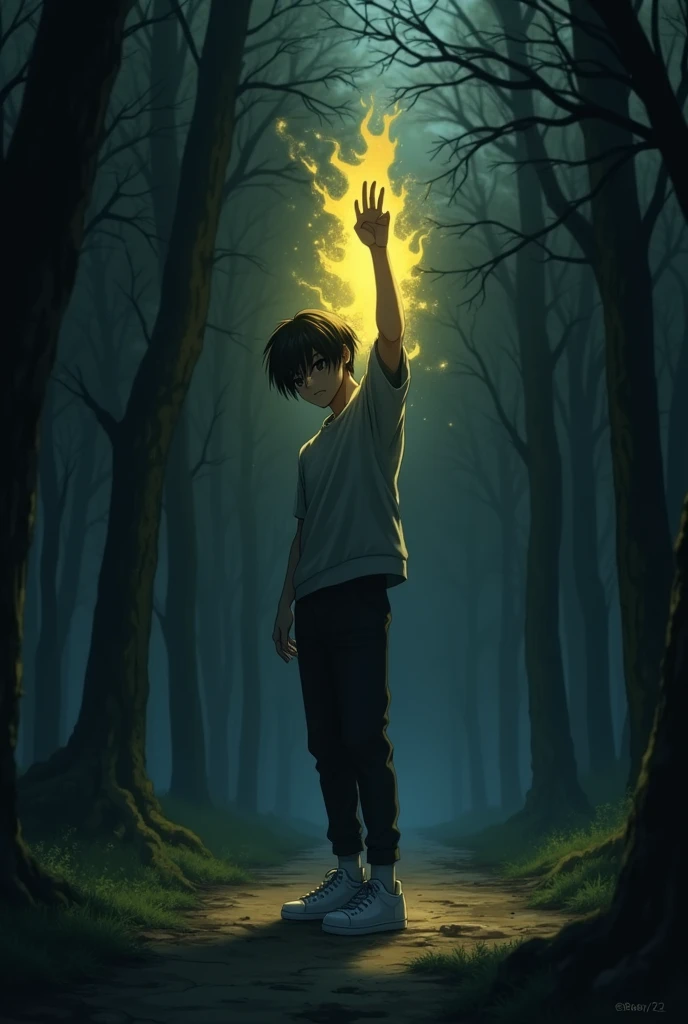 The image is anime style with shadows and dim lights, anime style although somewhat adult and dark, It shows a single 2 man who has black eyes and medium-long black hair as well., wears white sneakers. with his left arm raised forward glowing yellow, as if it were regenerating. The background of the image is a forest.