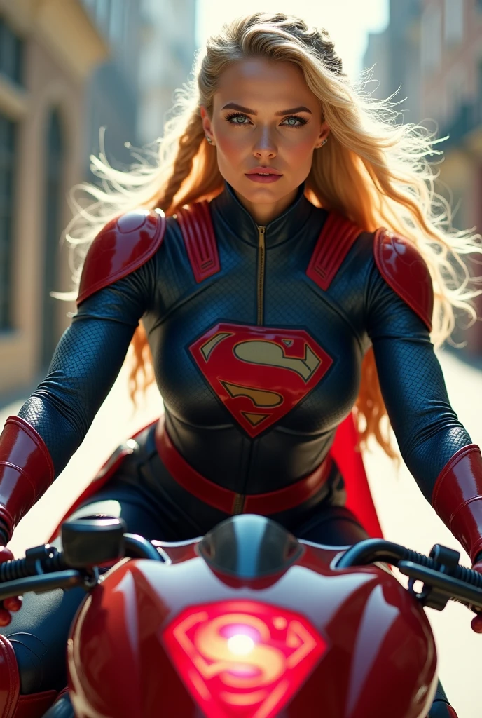 ((From extreme close-up a beautiful blonde woman without a cape under the mantle of the Kryptonian Kara zor-El alias Supergirl wearing a navy blue leather jumpsuit with scales covering her neck,torso and forearms))),(((Red corset in armor))),(((Long red boots up to her knees))),(((Riding a big red futuristic high displacement motorcycle Superman logos on the bike))),(((Blonde hair tied back in a braided ponytail))),(((Ten-foot-long hair blowing in the wind))),(((without cape)))