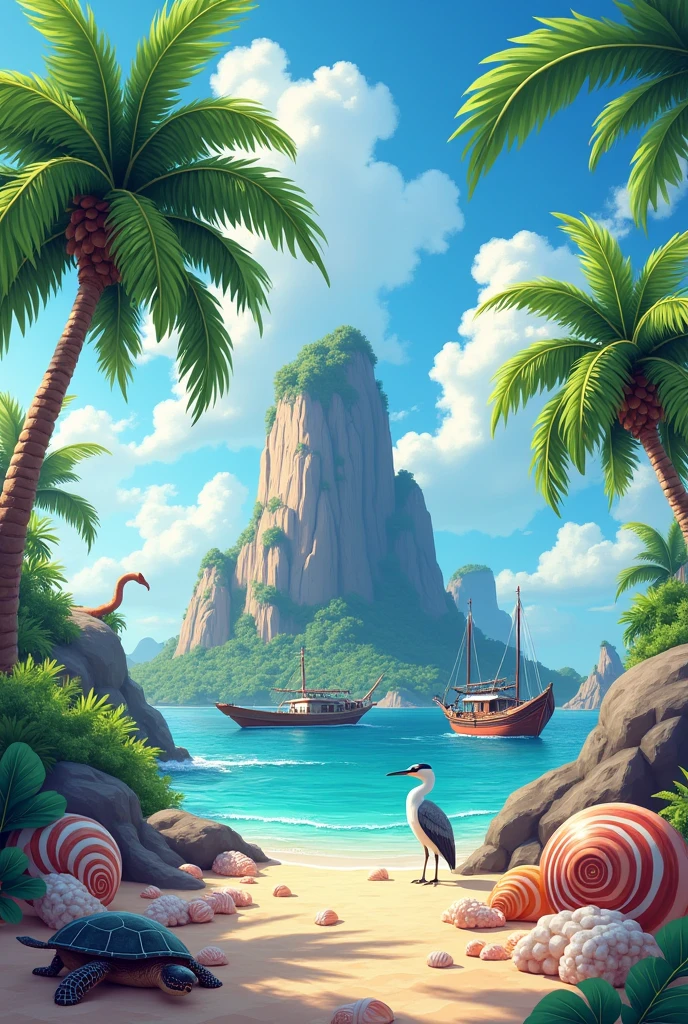 image for a rubber keychain, I need to gather several images of the city's tourist attractions, has as its main feature a mountain of stone, beachfront, coconut tree, sea turtle, heron, big fishing boat, shell shell and snail shell