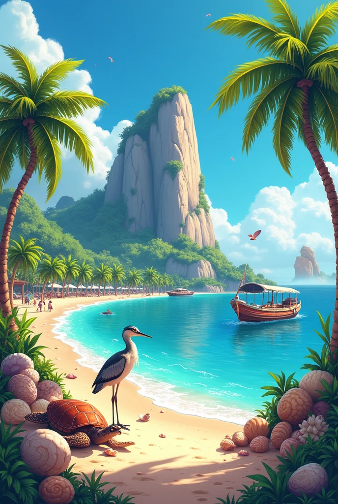 image for a rubber keychain, I need to gather several images of the city's tourist attractions, has as its main feature a mountain of stone, beachfront, coconut tree, sea turtle, heron, big fishing boat, shell shell and snail shell