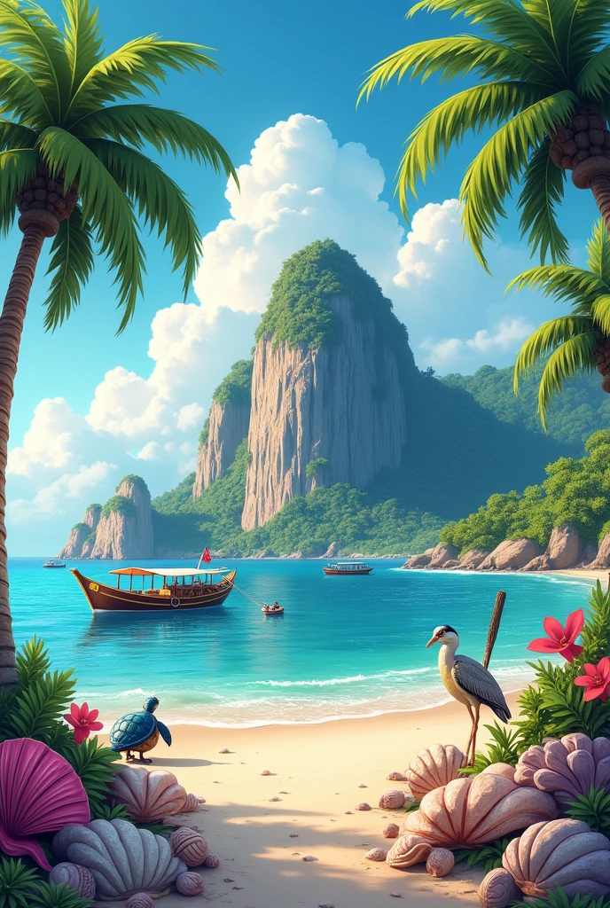image for a rubber keychain, I need to gather several images of the city's tourist attractions, has as its main feature a mountain of stone, beachfront, coconut tree, sea turtle, heron, big fishing boat, shell shell and snail shell