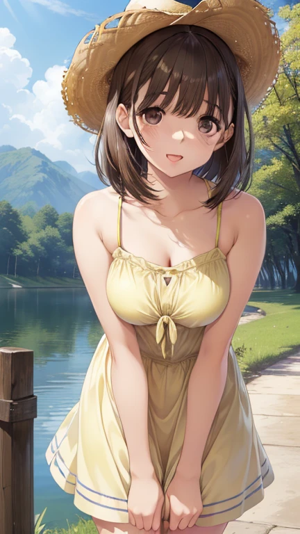 anegasaki nene、Shiny brown hair, short hair, (Beautiful brown eyes、Sparkling eyes, Fine grain)、smile、Ultra-detailed eyes、Highly detailed face, Highly detailed eyes,
(masterpiece:1.2, Highest quality),
(Highly detailed body, Delicate and complex hair, Cute anime face), ((Very beautiful and detailed anime faces and eyes)), (Outdoor, lake:1.3), break
(One girl, alone, Cute girl:1.4), , short hair, , Medium chest,
break
(smile, Open your mouth, blush:1.3), (Straw hat, yellow sundress, Leaning forward, Cowboy Shot:1.35),