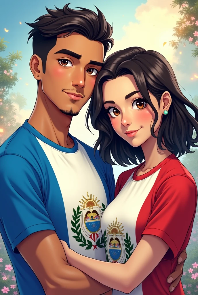 GUATEMALAN MAN AND ECUADORIAN GIRL WITH shirt FLAGS as a anime character for a profile picture