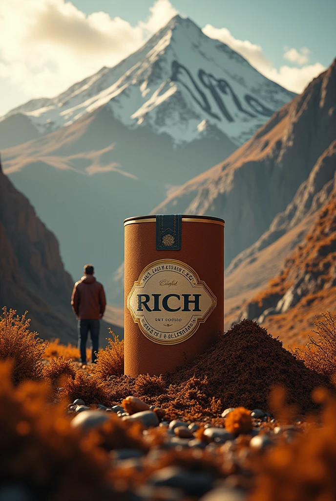A tobacco and in the background there is a mountain that says rich with a man standing