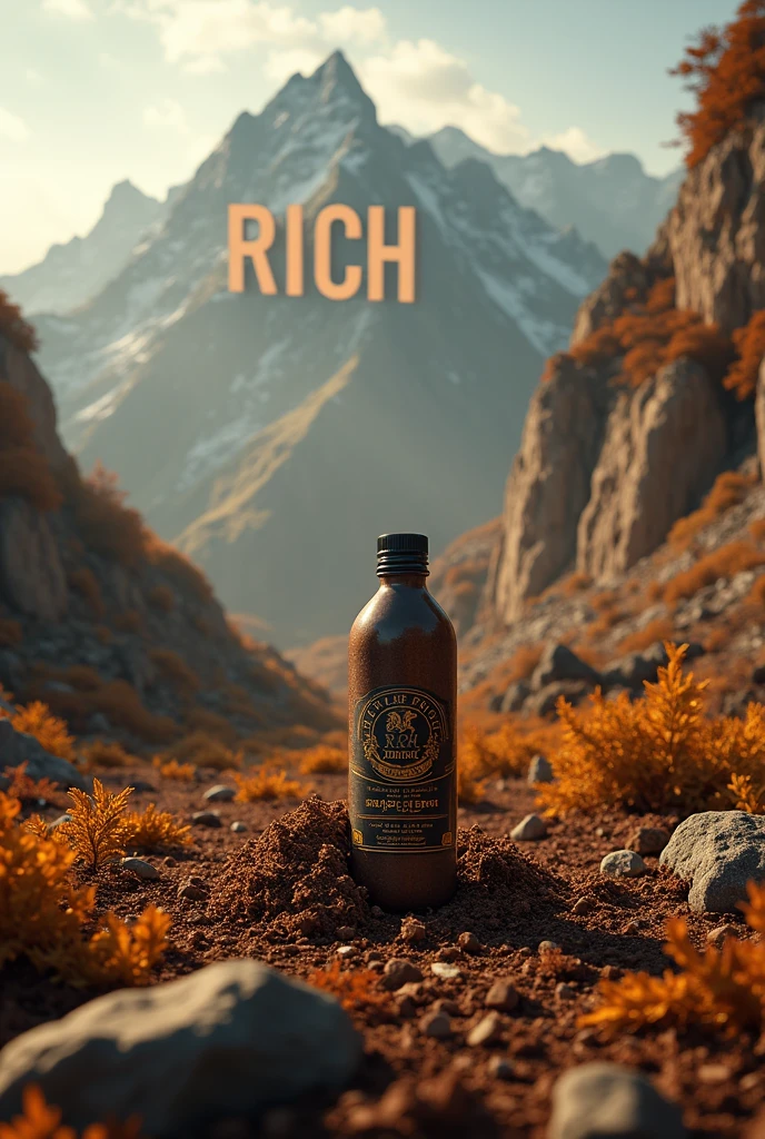 A tobacco and in the background there is a mountain that says rich with a man standing