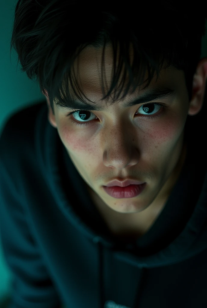 ((Highest quality)), ((masterpiece)), (detailed), １man，solo、Short Hair、bangs、Sweat drops、Men&#39;s Center、Blushing、See the viewers、Upper Body、hoodie、black eye、Push down composition、close、Dark Room、
